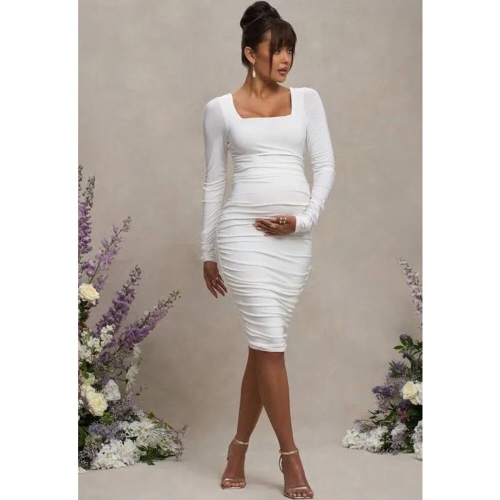 Club L London White Maternity Ruched Midi Dress Square Neck Size 8